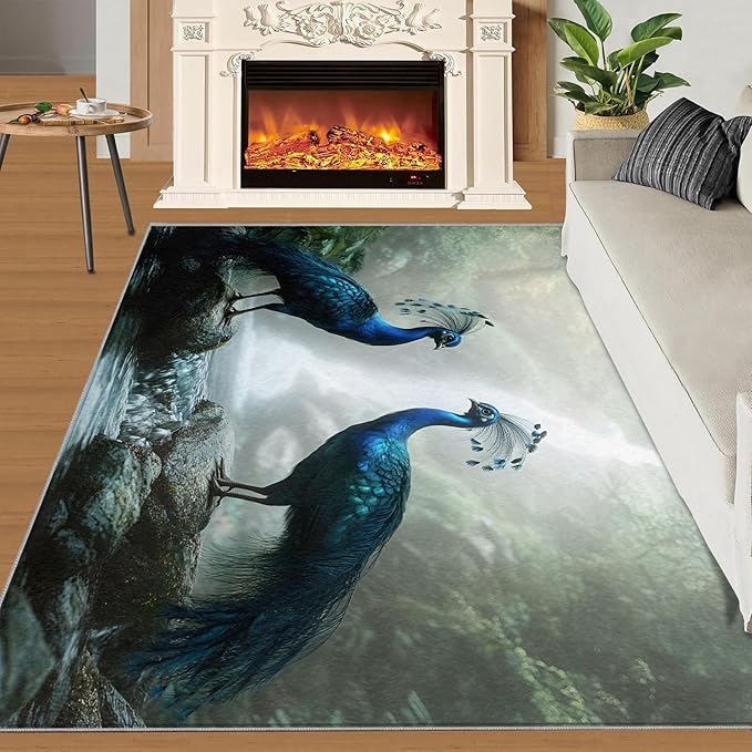 Peacock Rug 4x6-4x6 Rug, Peacock Couples Area Rugs for Bedroom, Nature Waterfall Rugs for Living Room, Animal Bird Washable Mat, Teal Turquoise Carpet - Peafowl Home Decor & Gifts