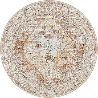 Lahome Boho Round Rugs - 4Ft Washable Non-Slip Small Round Area Rug Throw Lightweight Round Nursery Carpet Kids，Oriental Distressed Print Kitchen Mat for Bedroom Entryway Bathroom Living Room