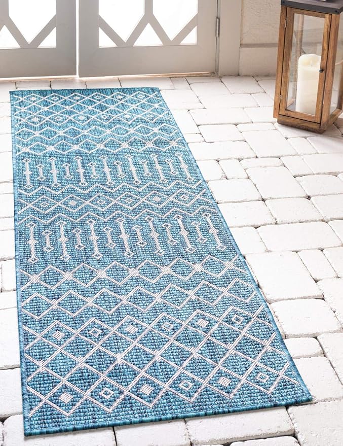 Unique Loom Outdoor Trellis Collection Area Rug - Tribal Trellis (2' x 6' 1" Runner, Teal/ Ivory)