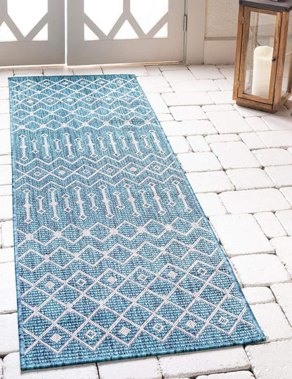 Unique Loom Outdoor Trellis Collection Area Rug - Tribal Trellis (2' x 6' 1" Runner, Teal/ Ivory)