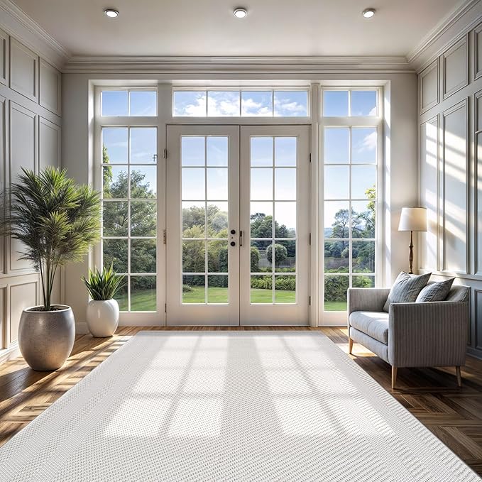 CAMILSON Micro Loop Rug 9x12 Modern Luxury Bordered Large Area Rugs Soft High and Low Pile Stain Resistant Easy-Cleaning Non-Shedding for Living Room Office Indoor Carpet (9 x 12 / White)
