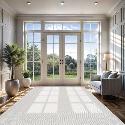 CAMILSON Micro Loop Rug 10x14 Modern Luxury Bordered Large Area Rugs Soft High and Low Pile Stain Resistant Easy-Cleaning Non-Shedding for Living Room Office Indoor Carpet (10 x 14 / White)