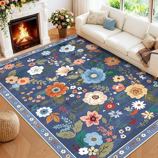 Floral 8x10 Area Rug Machine Washable Soft Print Boho Carpet Non Slip Doormat Low Pile Flower Area Rugs for Living Room Bedroom Nursery Kitchen Dining Room Indoor-Blue/Grey