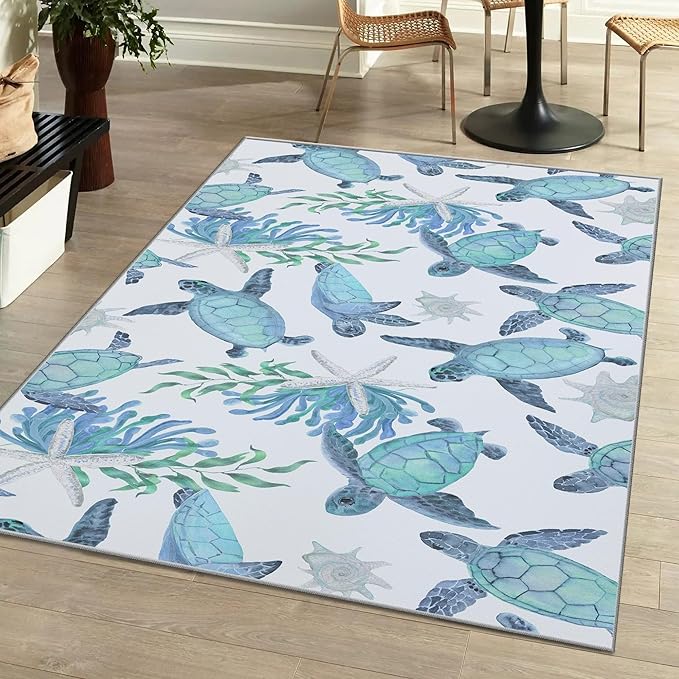 Tritard Coastal Sea Turtles Area Rugs Beach Themed Nautical Starfish Coral Accent Rugs Non-Slip Sea Marine Life Rugs Floor Carpet for Living Room Bedroom, Blue, 3x5 Feet