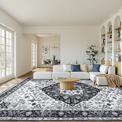 Washable Rug 9x12,Boho Vintage Oriental Washable Rugs,Collapsible Area Rug for Bedroom, Entryway, Kitchen, Bathroom