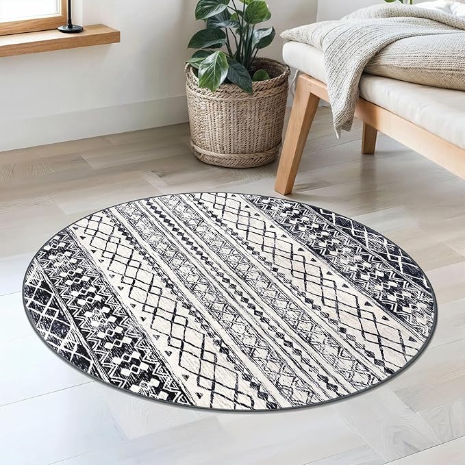 KUTA Round Washable Rug 3Ft Boho Black Navy Blue Entryway Rugs, Moroccan Foyer Kitchen Carpet Non-Slip, Soft Distressed Geometric Low-Pile Circle Throw for Hallway Bedroom Nursery Dorm