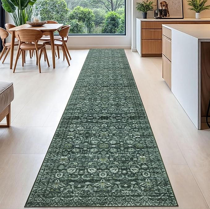 Runner Rug 2.6x16, Dark Green Washable Long Hallway Rug Runner Non-Slip Soft Kitchen Runner Thin Printed Faux Wool Super Soft Carpet for Entryway Bedroom Laundry Room Indoor Home Decor