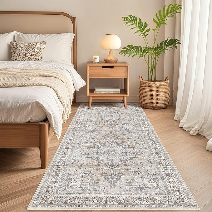 Runner Rug Kitchen Washable Rugs: 3x8 Non-Slip Boho Soft Vintage Stain Resistant Indoor Floor Neutral Farmhouse Throw Carpet for Hallway Bathroom Laundry Room Entryway Bedroom- Ivory Gray