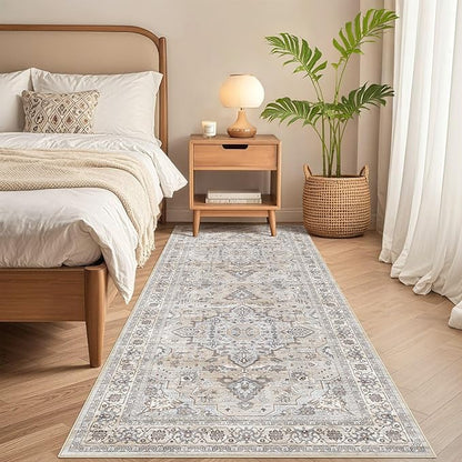 Runner Rug Kitchen Washable Rugs: 3x8 Non-Slip Boho Soft Vintage Stain Resistant Indoor Floor Neutral Farmhouse Throw Carpet for Hallway Bathroom Laundry Room Entryway Bedroom- Ivory Gray