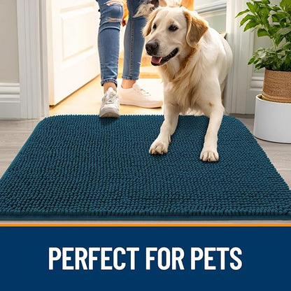OLANLY Dog Door Mat for Muddy Paws 35x24, Absorbs Moisture and Dirt, Absorbent Non-Slip Washable Doormat, Quick Dry Chenille Mud Mat, Entry Indoor Entryway Carpet for Inside Floor, Atlantic Blue