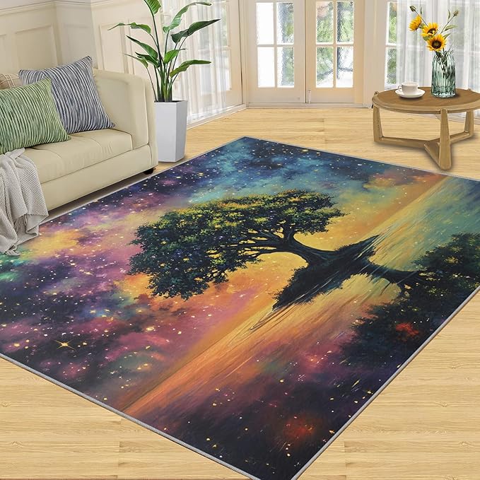 5x6 Tree of Life Rugs for Office - Galaxy Tree Living Room Carpet, Dreamlike Starry Sky Bedroom Area Rug Kids Low Pile Rug for Indoor Outdoor Hardwood Floors Home Decor