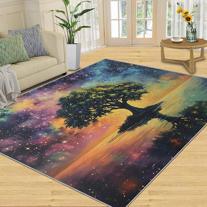 4x5 Tree of Life Indoor Outdoor Rug - Galaxy Tree Bedside Rug, Dreamlike Starry Sky Washable Entry Way Rugs Kids Carpet for Inside House Playroom Living Room End Table Nursery