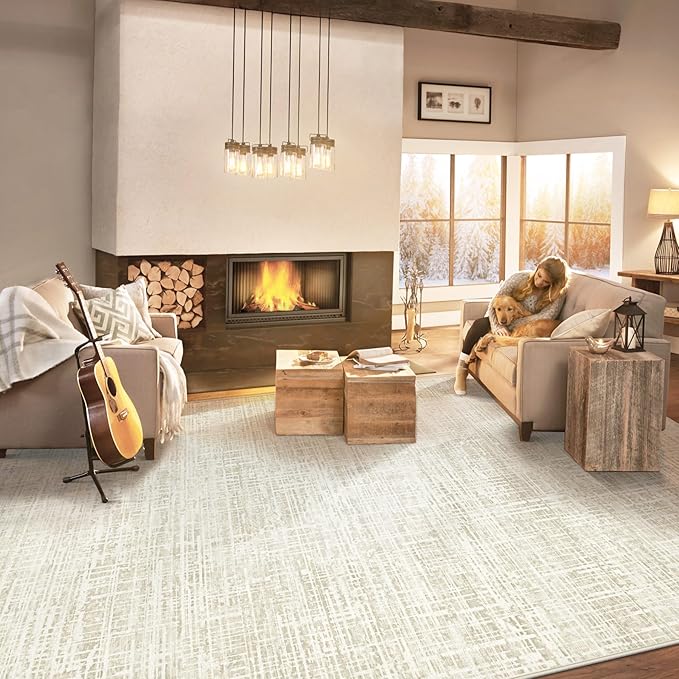 8x10 Area Rugs for Living Room, Washable Large Area Rug Neutral Modern Abstract Bedroom Rug Soft Non Slip Low Pile Stain Resistant Indoor Carpet for Nursery Kids Dining Room Office(Beige, 8'x10')