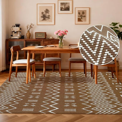 Washable Area Rug 5x7 ft,Rubber Backed Non Slip Faux Jute Rug for Office,Living Room and Bedroom Braided Rug,Indoor Floor Carpets for Dining Room,Farmhouse,Brown/White