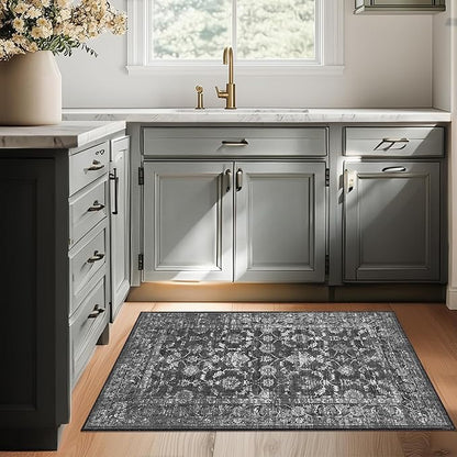 Washable Area Rug 2x3 Black Rugs for Living Room, Vintage Boho Rug for Bedroom Dining Room Office, Distressed Floral Print Carpet for Under Table, Soft Non Slip Low Pile Throw Carpet Indoor Mat