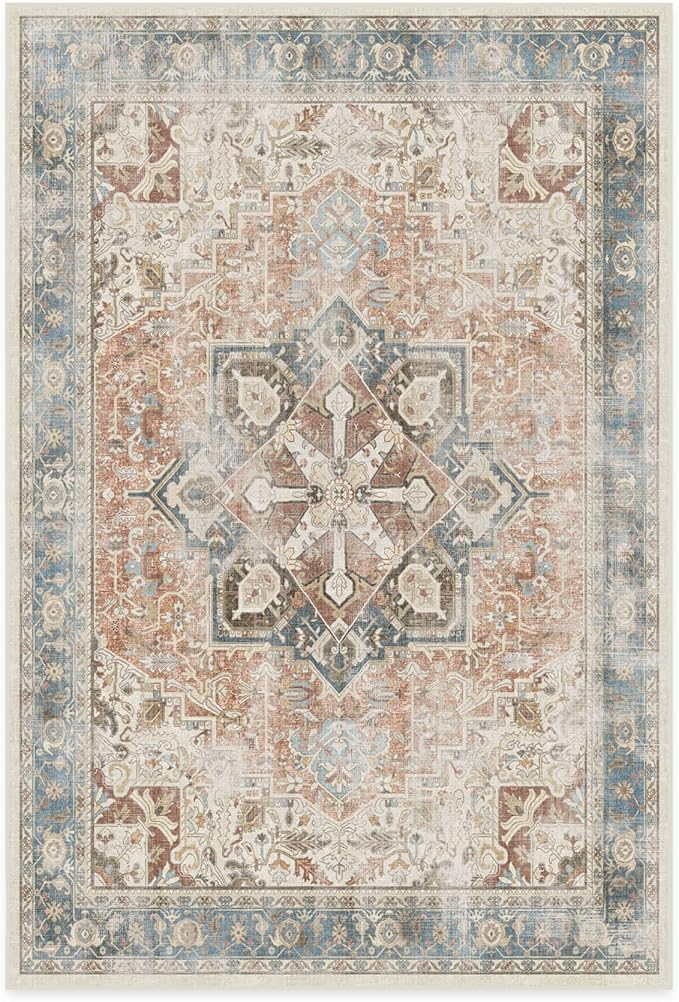 RUGGABLE Washable Vintage Area Rug – Kamran Coral 6x9, Stain-Resistant, Non-Slip – Medium Machine Washable Rugs for Living Room, Bedroom, Hallway, Entryway & Office–with Standard Pad