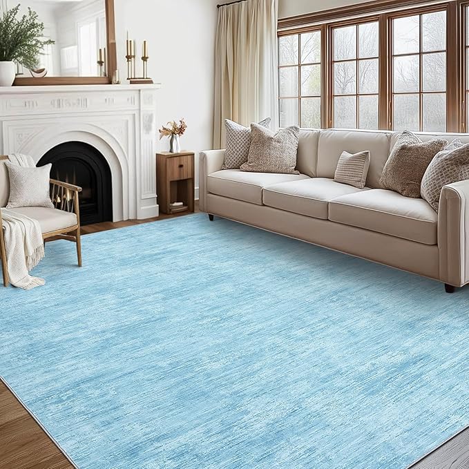RUGSREAL Washable Rug 10x13 for Living Room Modern Abstract Area Rug Non-Slip Large Contemporary Bedroom Rug Stain Resistant Aesthetic Accent Floor Carpet Foldable Solid Rug for Home Office, Blue