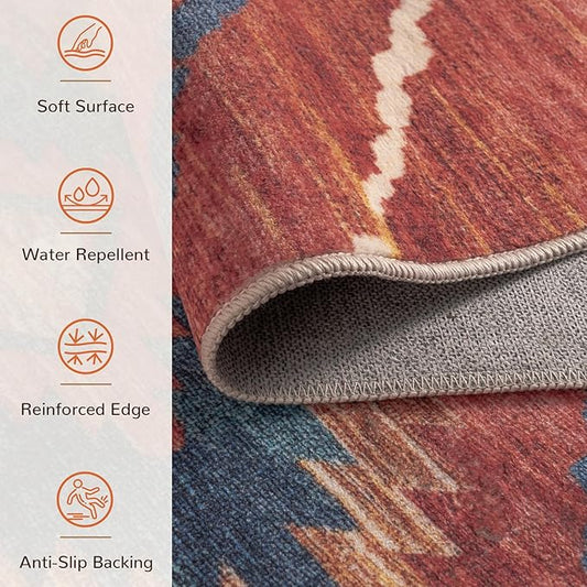 Area Rug 2x3 Rug Machine Washable Non-Slip Low Pile Print Pattern Western Rug for Living Room Bedroom Entryway Tribal Series -Red/Orange