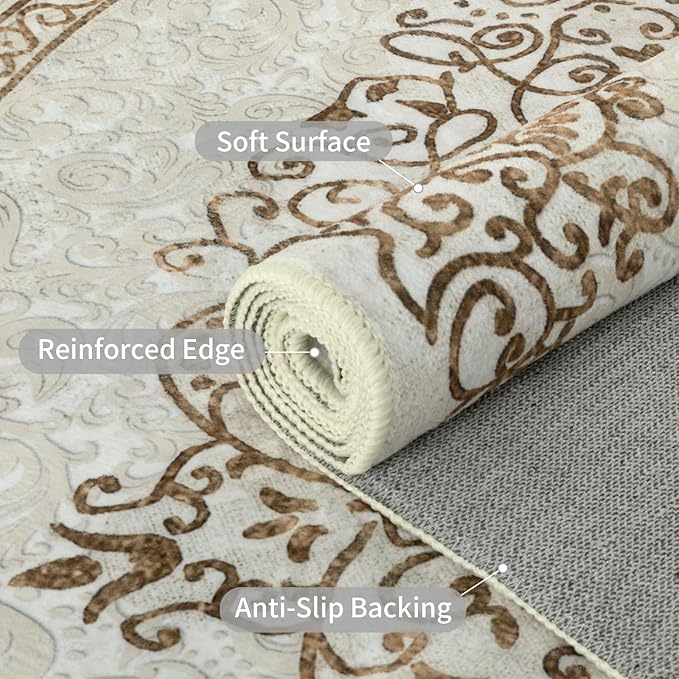 Easy-Going Boho Neutral Area Rug 2x3 Washable Entryway Rugs Front Door Mat Indoor Entrance Non-Slip Floral Brown Small Entry Rug for Living Room Bedroom Kitchen Bathroom Home Office Lightweight Carpet