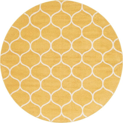 Rugs.com Lattice Frieze Collection Rug – 8' Round Yellow Medium Rug Perfect for Kitchens, Dining Rooms