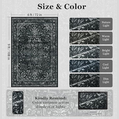 Distressed Black Rugs for Living Room 6x9, Low Pile Thin Area Rugs for Bedroom Manchine Washable Non Slip, Dark Medallion Pinted Carpet for Dining Room Guest Room Home Office