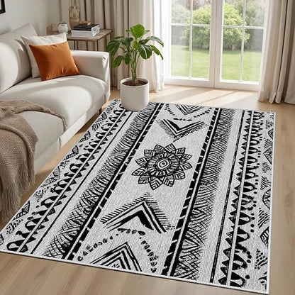 Area Rugs Moroccan for Living Room 3x5, Washable Non-Slip Boho Rug, Neutral Farmhouse Soft Carpet for Bedroom, Kitchen, Dining Room, Entryway, Geometric Print Tribal Carpets, Black and White