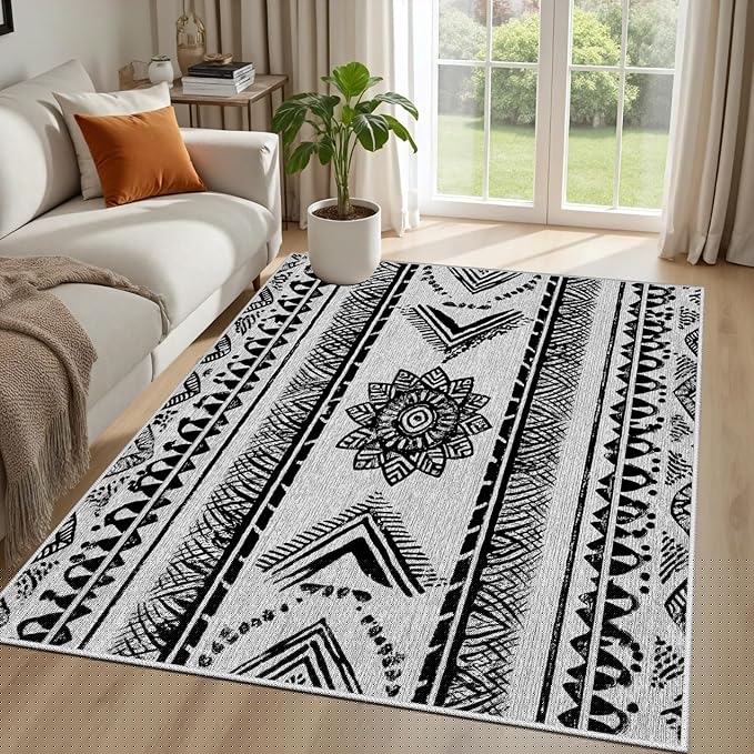 Area Rugs Moroccan for Living Room 2x3, Washable Non-Slip Boho Rug, Neutral Farmhouse Soft Carpet for Bedroom, Kitchen, Dining Room, Entryway, Geometric Print Tribal Carpets, Black and White