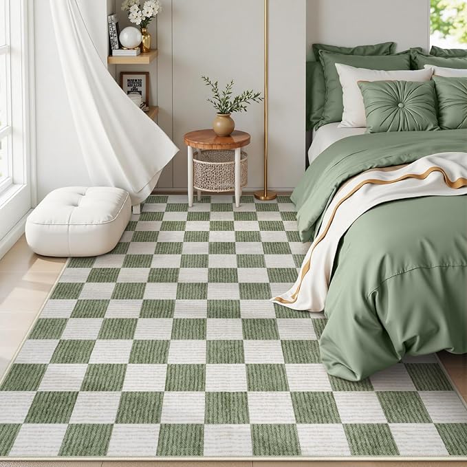 Machine Washable 5x7 Area Rugs for Living Room Checkered, Non Slip Soft Low Pile Farmhouse Geometric Modern Neutral Playroom Boys Rugs for Bedroom, Large Carpet Rugs for Dining Room(Sage Green,5'x7')