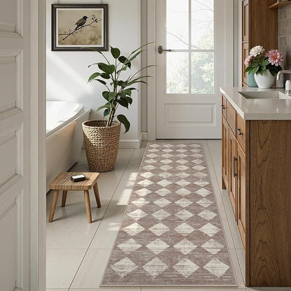 Lahome Moroccan Treills 2x8 Washable Hallway Runner Rug, Non Slip Bathroom Kitchen Carpet Runners, Checkered Modern Soft Runner for Entryway Living Room, Beige
