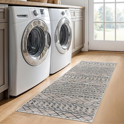 KUTA Boho Kitchen Runner 2x5 Brown Black Moroccan Washable Rug Non-Slip Vintage Hallway Runners Ultra Soft Distressed Geometric Floor Carpet for Bedroom Laundry Living Room
