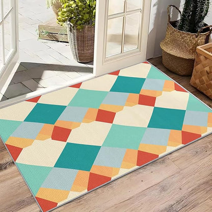 Geometric Rug for Entryway Indoor - 3x4ft - Colorful Retro Mid Century Modern Washable Non Slip Low Pile Small Rug for Bedroom, Geometric Carpets Room Decor & Gifts