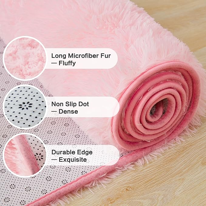 Andency Pink Soft Area Rugs for Living Room Bedroom, 3x5 Non-Slip Fluffy Shag Carpet, Indoor Floor Fuzzy Shaggy Living Room Plush Rug for Kids Dorm Nursery Home Decor Aesthetic