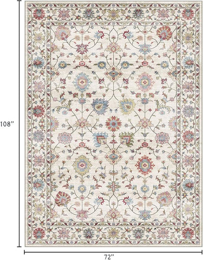 6x9 Area Rug for Living Room - Large Traditional Floral Washable Rugs for Bedroom Non-Slip Colorful Boho Dining Room Rug Low-Pile Cream Farmhouse Carpet Soft Vinatge Bohemian Foyer Rug