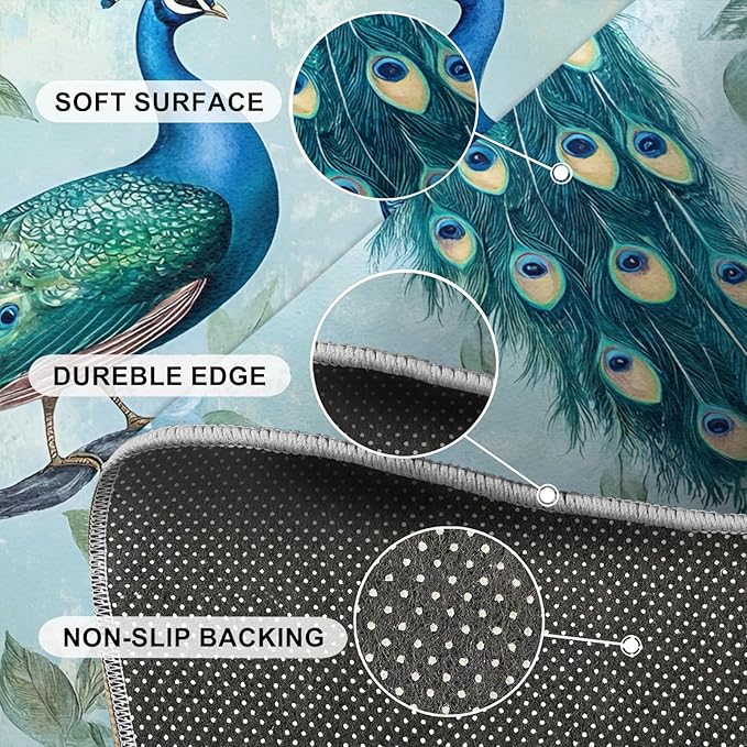 Peacock Rugs for Living Room - 5x8 Rug, Classic Peacock Floral Area Rugs for Bedroom, Teal Turquoise Rug, Modern Style Washable Carpet, Aesthetics Carpet - Peafowl Home Decor & Gifts