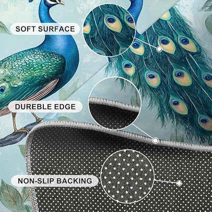 Peacock Rugs for Living Room - 2x3 Rug, Classic Peacock Floral Area Rugs for Bedroom, Teal Turquoise Rug, Modern Style Washable Carpet, Aesthetics Carpet - Peafowl Home Decor & Gifts