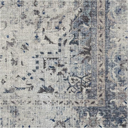 RUGGABLE Washable Vintage Area Rug – Sarrah Blue Quartz 8 ft Round, Stain-Resistant, Non-Slip – Large Machine Washable Rugs for Living Room, Bedroom, Hallway, Entryway & Office–with Cushioned Pad