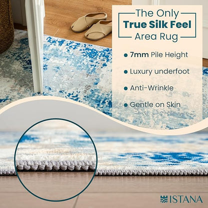 Istana Hallway Runner Rug 2.5x8 - Blue/Ivory Kitchen Rugs Non Slip Washable -Silk's Soft Touch Carpet Runner - Stylish Rugs for Home