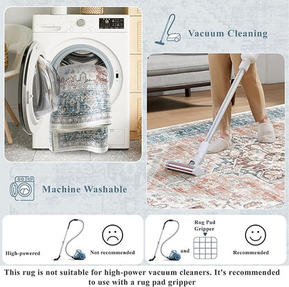 LIVEBOX 8x10 Washable Area Rug - Large Vintage Tribal Living Room Rug Oriental for Bedroom, Non-Slip Retro Medallion Carpet Print Distressed for Dining Room Guest Office