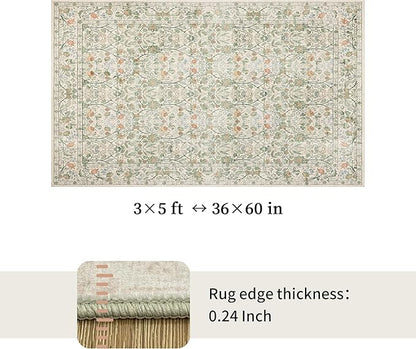 Washable Living Room Rug: 3x5 Boho Floral Soft Area Rug for Bedroom Decor - Vintage Low Pile Thin Carpet for Dining Room Non-Slip - Farmhouse Stain Resistant Rugs - Beige Green