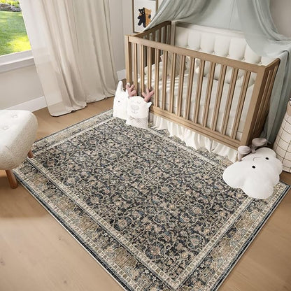 Washable 3x5 Entryway Rug, Boho Non-Slip Vintage Distress Small Rugs for Kitchen Nursery Office Bedroom, 0.3" Neutral Oriental Throw Thin Carpet with Cushioning Pad, Black/Brown/Blue/Multi