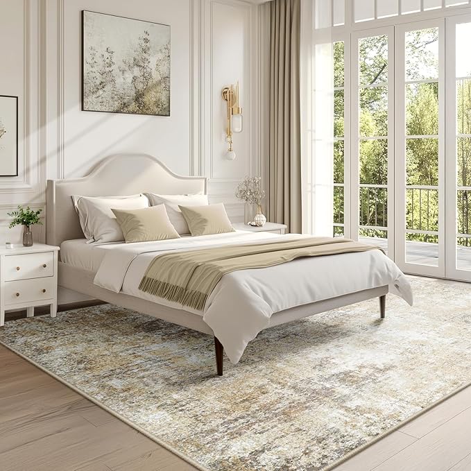 Washable Area Rugs 7'x9' Non-Slip Modern Abstract Soft for Living Room Entryway Bedroom Nursery, Print Pattern, Neutral Brown Gray