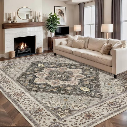 Tangsoo 9x12 Vintage Area Rugs for Living Room, Washable Indoor Non Slip Large Area Rugs, Print Distressed Grey Carpet, Soft Low Pile Rug Foldable Floor Rug for Bedroom Dining Room Dorm