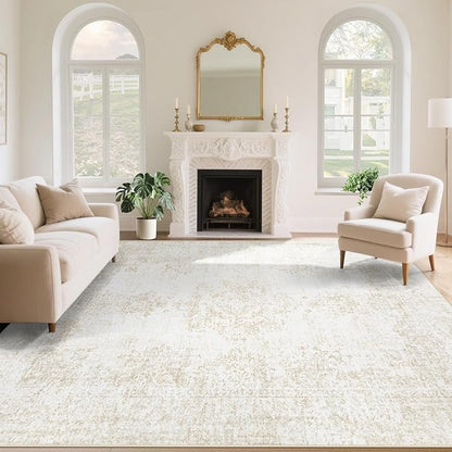 Vintage Living Room Area Rug - 9x12 Large Machine Washable Boho Moroccan Rug Distressed Farmhouse Rugs for Bedroom - Soft Non-Slip Indoor Carpet for Dining Room Office Nursery(Ivory, 9'x12')