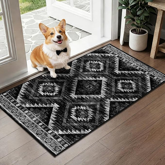 Area Rug 2x4 Rug Machine Washable Non-Slip Low Pile Print Pattern Western Rug for Living Room Bedroom Entryway Tribal Series-Black