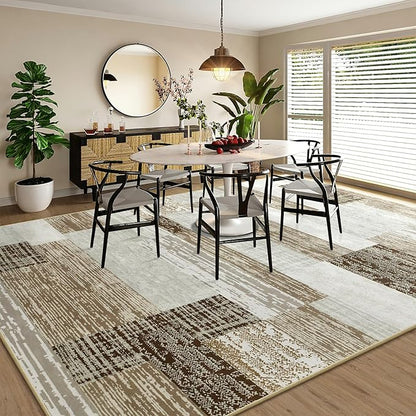 Large Area Rugs,Modern Geometric Patchwork Floor Decor for Bedroom Aesthetic Carpet, Rockwood Collection, Indoor Rugs for Living Room, Dining Room, Nursery, Office, Machine Washable Rug,9x12 Ft Beige