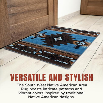 YHSF South West Native American Area Rug C318 - Easy Clean, Thick, Soft, Durable Native Tribal American Indian Inspired Rug for Bedroom/Living Room and More - Blue-Brown, 8 Feet x 10 Feet