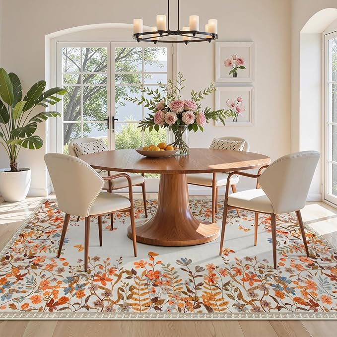 Wonnitar Fall Washable 5x7 Rug for Bedroom, Low Pile Soft Boho Floral Living Room Area Rug, Non Slip Throw Carpet for Girls Room Nursery Playroom Guest Room (Orange,5'x7')