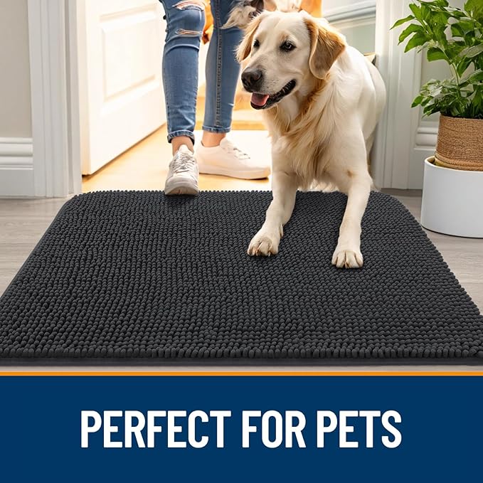 OLANLY Dog Door Mat for Muddy Paws 35x24, Absorbs Moisture and Dirt, Absorbent Non-Slip Washable Doormat, Quick Dry Chenille Mud Mat for Dogs, Entry Indoor Entryway Carpet for Inside Floor, Dark Grey