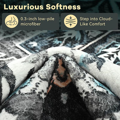 YJ.GWL Area Rugs for Living Room 8x10 Machine Washable Rugs, Non Slip Floral Vintage Rug Indoor Carpet, Stain Resistant Large Rug for Bedroom Dining Room, Black Grey Blue