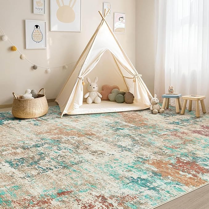 8x10 Christmas Area Rug Living Room Rugs - Washable Neutral Modern Abstract Soft Thin Large Rug Indoor Floor No Slip Rug Carpet for Bedroom Under Dining Table Home Office Decor -Colorful